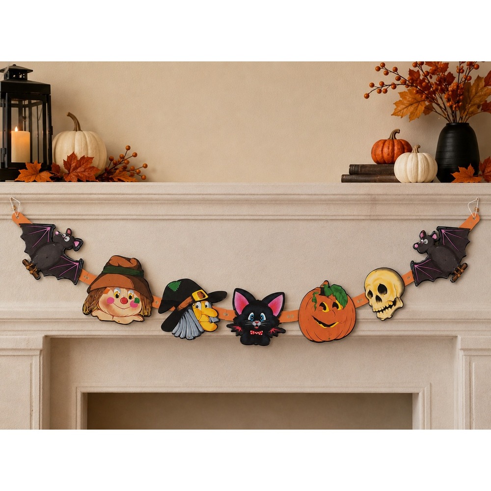 Vintage Halloween Garland Bat Cat Witch Pumpkin Skull‎ Wall Decor 60" Hanging
